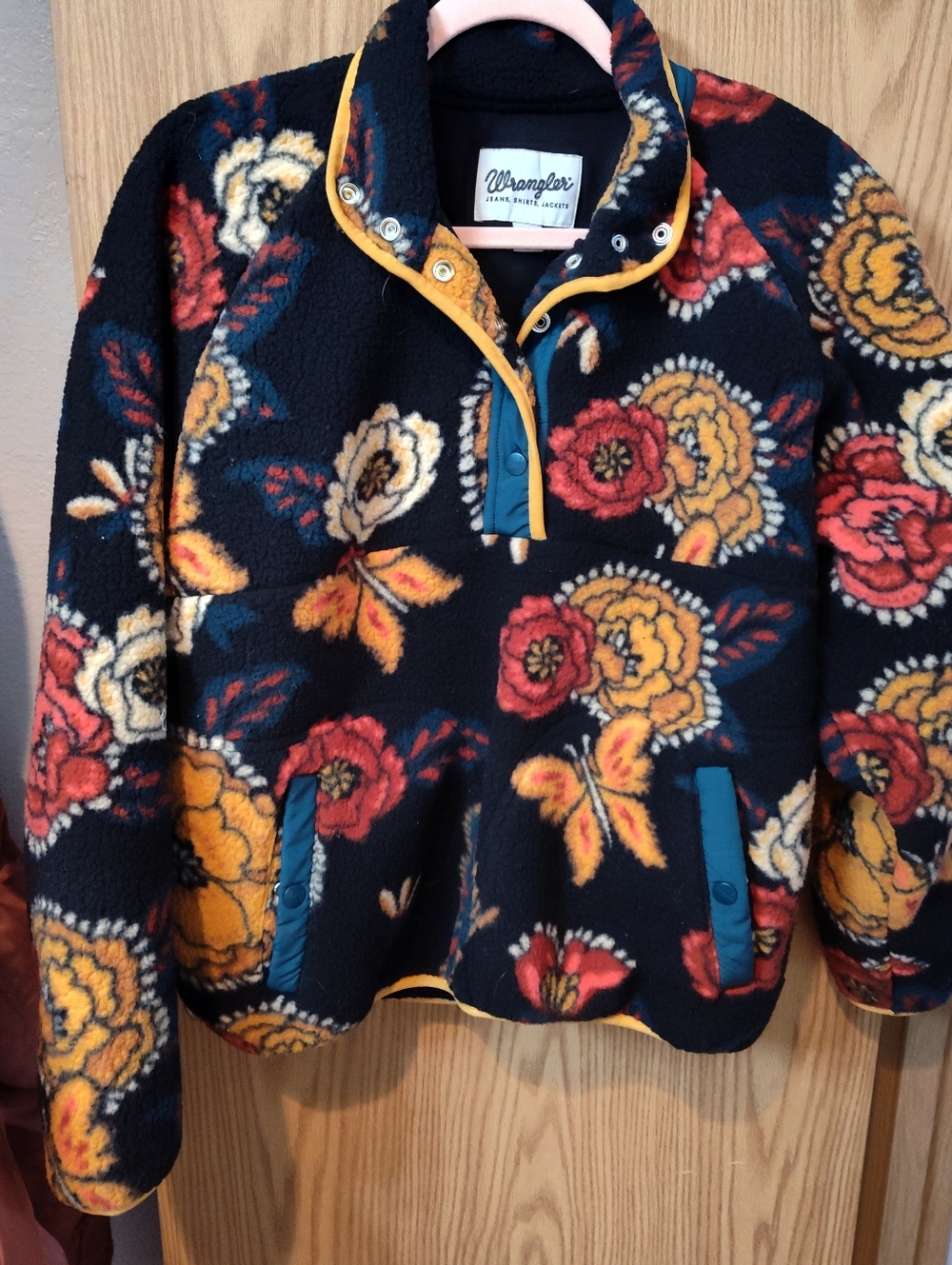 Wrangler Navy Floral Fleece Pullover Jacket with Yellow & Red Accents